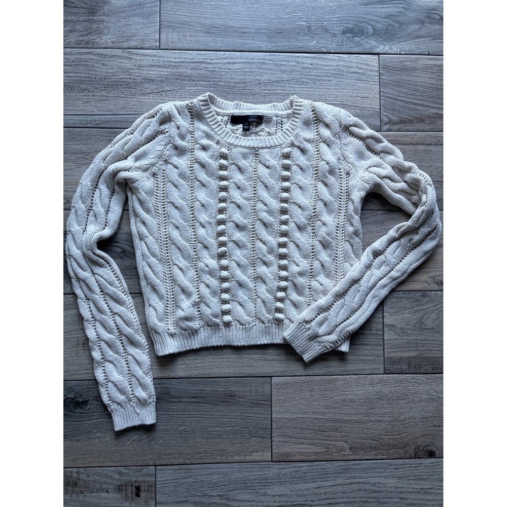 Kaisely Cable Knit Sweater Womens Medium Cream Pom Pom Bobble Cropped Pullover